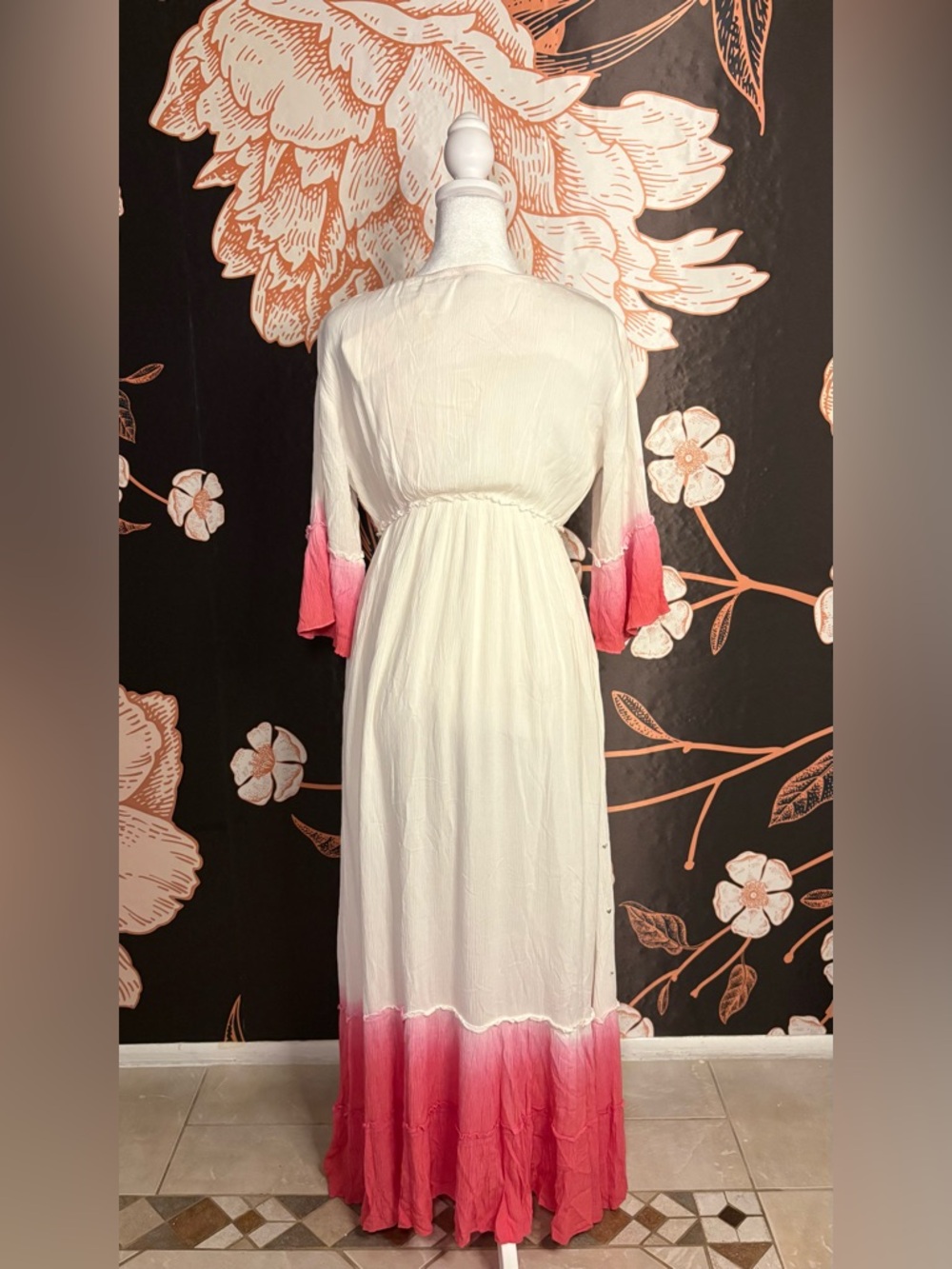 NWT Enchanting Ivory and Pink Floral Embroidered Maxi Dress with Soft Ombre Hem - Picture 7 of 9